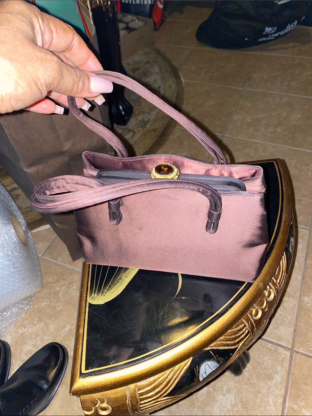 Vintage Miss Lewis Elegant Brown Satin Women's Handbag with Decorative Clasp